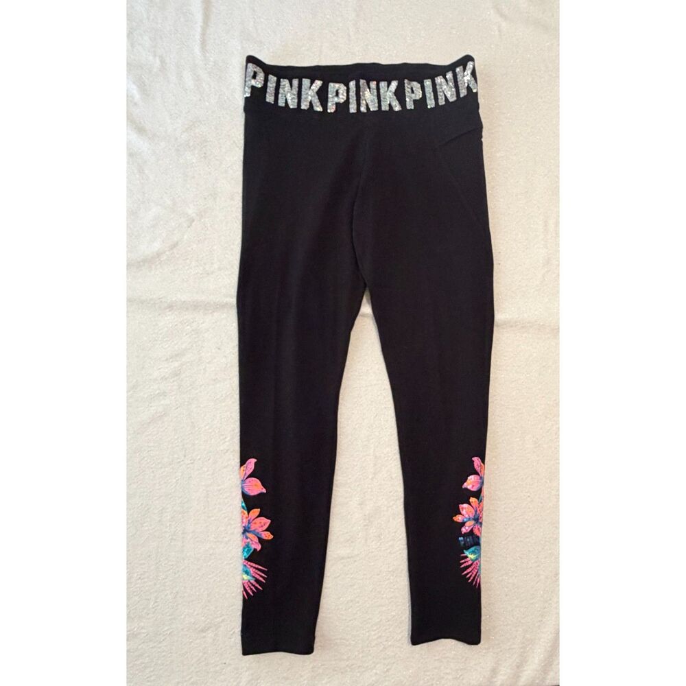PINK VS Yoga black Hibiscus Tropical Bling yoga leggings. Size medium